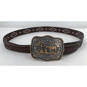 Ranger Belt Company Brown Tooled Leather Fur Western Rhinestone Christian Buckle